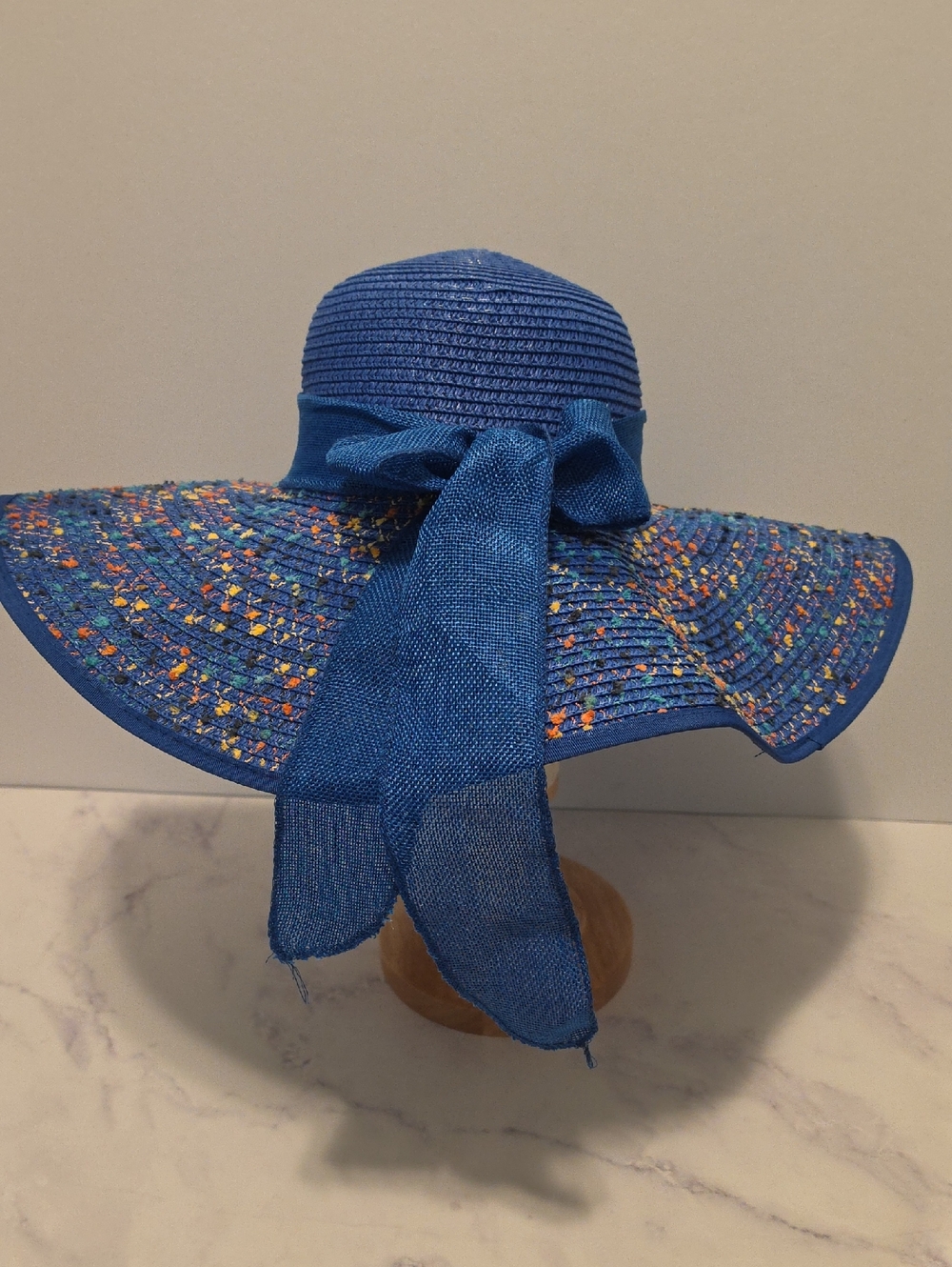 Summer Wide-Brim Blue Sun Hat with Decorative Bow